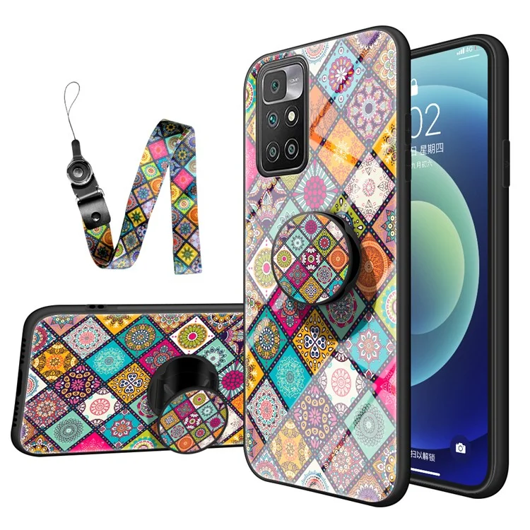 Capa híbrida de vidro antiderrapante e resistente a choques com folha de metal embutida e cordão para Xiaomi Redmi 10 4G (2021)/10 2022 4G/Note 11 4G (MediaTek) - Padrão xadrez