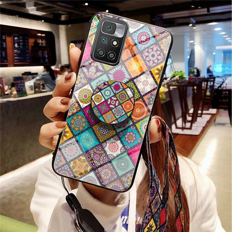 Capa híbrida de vidro antiderrapante e resistente a choques com folha de metal embutida e cordão para Xiaomi Redmi 10 4G (2021)/10 2022 4G/Note 11 4G (MediaTek) - Padrão xadrez