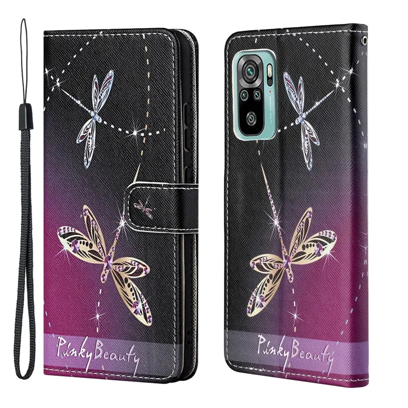Stand Wallet Design Drop-Proof Stylish Pattern Printing 3D Cross Texture Leather Case for Xiaomi Redmi 10 4G (2021)/10 Prime/10 2022 4G/Note 11 4G (MediaTek) - Dragonfly