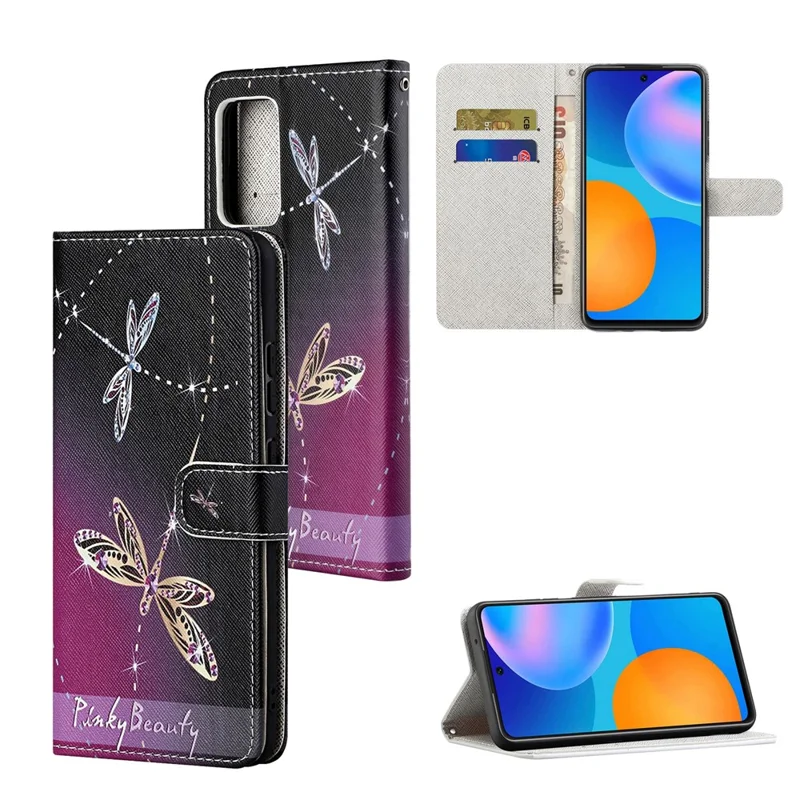Stand Wallet Design Drop-Proof Stylish Pattern Printing 3D Cross Texture Leather Case for Xiaomi Redmi 10 4G (2021)/10 Prime/10 2022 4G/Note 11 4G (MediaTek) - Dragonfly