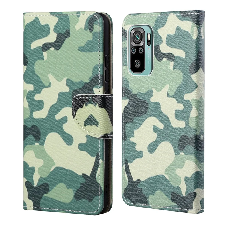 Cross Texture Pattern Printing Full Protection Anti-Drop Magnetic Clasp Leather Wallet Case Protector with Stand for Xiaomi Redmi 10 4G (2021)/10 Prime/10 2022 4G/Note 11 4G (MediaTek) - Camouflage