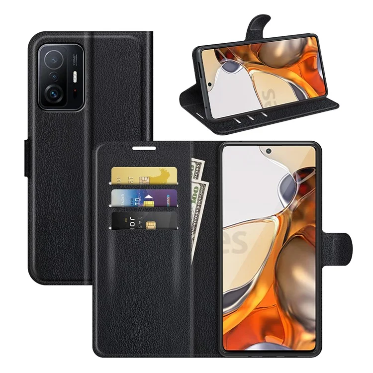Защитный кожаный чехол-книжка для Xiaomi 11T 5G / 11T Pro 5G с бумажником и подставкой - Черный