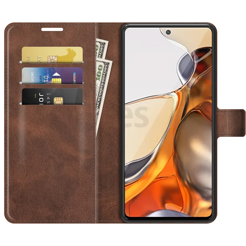 PU Leather Wallet Stand Phone Case with Magnetic Clasp Flip Cover for Xiaomi 11T 5G / 11T Pro 5G - Coffee