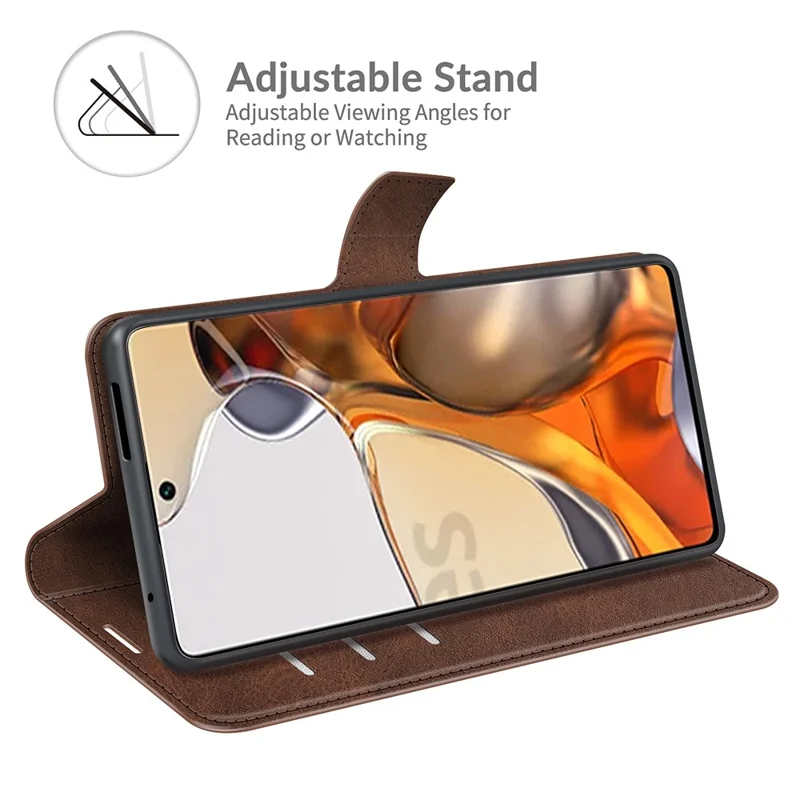 PU Leather Wallet Stand Phone Case with Magnetic Clasp Flip Cover for Xiaomi 11T 5G / 11T Pro 5G - Coffee