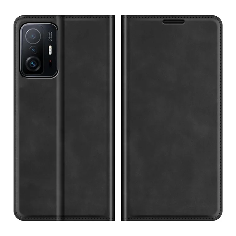 Skin-touch Feel PU Leather Stand Hidden Magnetic Adsorption Shockproof Flip Wallet Case for Xiaomi 11T 5G / 11T Pro 5G - Black