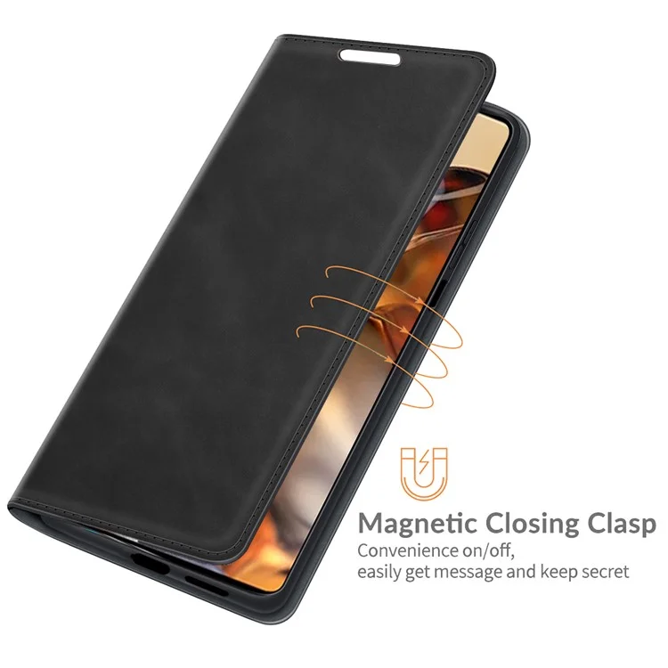 Skin-touch Feel PU Leather Stand Hidden Magnetic Adsorption Shockproof Flip Wallet Case for Xiaomi 11T 5G / 11T Pro 5G - Black