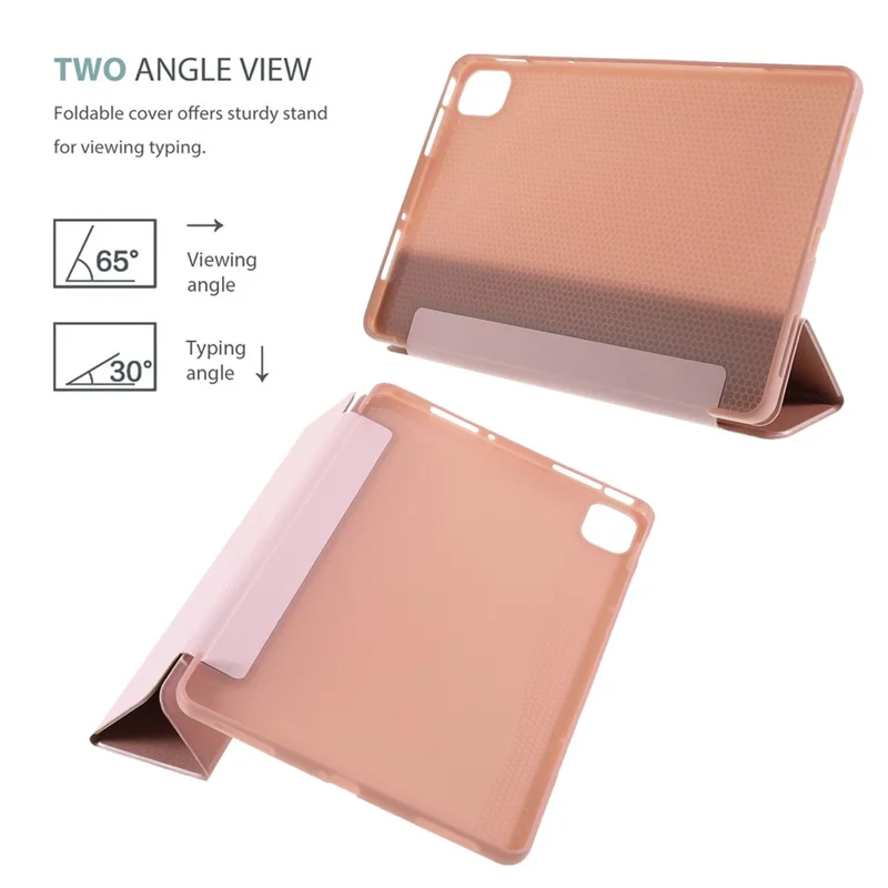 Lättviktig slank skinnfodral till Xiaomi Pad 5/Pad 5 Pro med stativ i tre delar, automatisk in/ur-släckning – Rosenfärgat guld