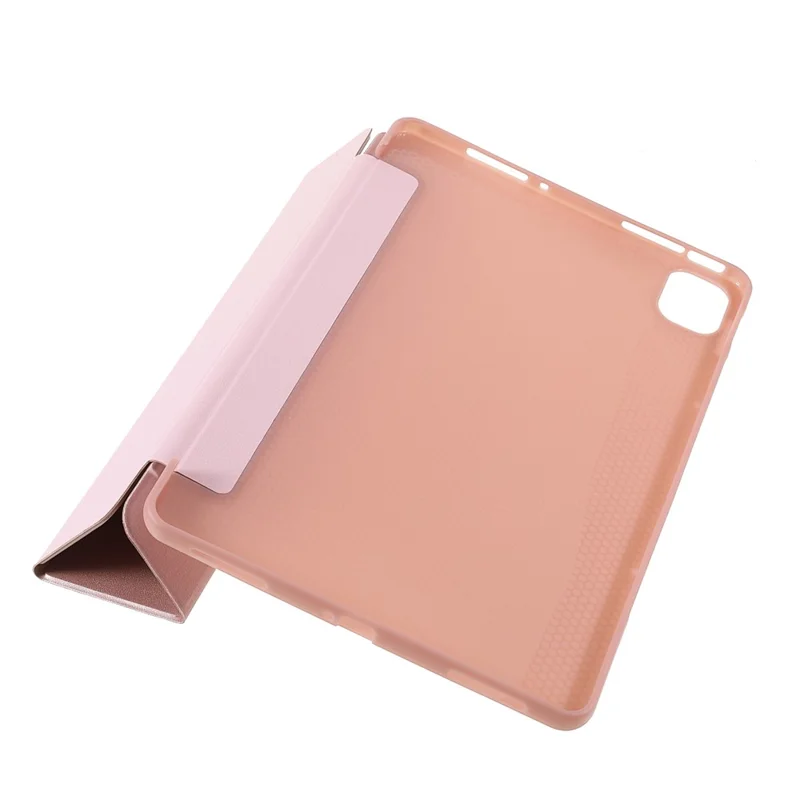 Lättviktig slank skinnfodral till Xiaomi Pad 5/Pad 5 Pro med stativ i tre delar, automatisk in/ur-släckning – Rosenfärgat guld