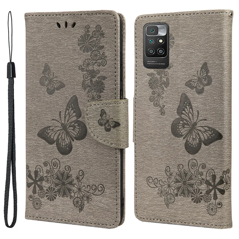 Leather Wallet Case Imprint Butterfly Flower Phone Case with Stand for Xiaomi Redmi 10 Prime / Redmi 10 - Grey
