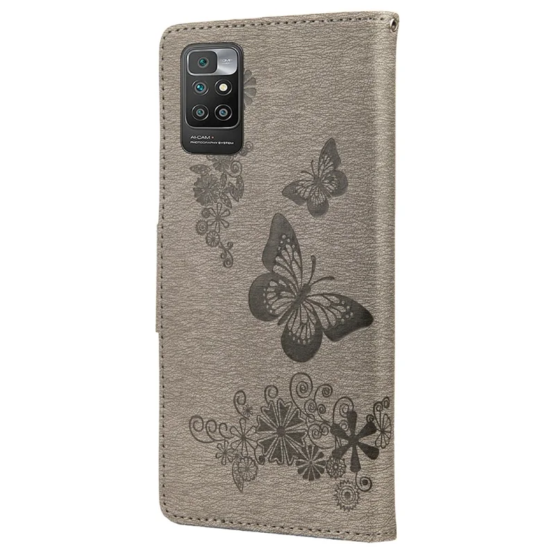 Leather Wallet Case Imprint Butterfly Flower Phone Case with Stand for Xiaomi Redmi 10 Prime / Redmi 10 - Grey