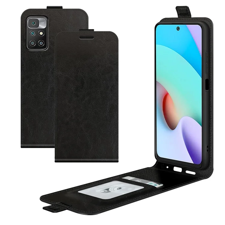 Case de Cuero de Caballo Loco Resistente a Rasguño Vertical Con Soporte Para Una Sola Tarjeta Para Xiaomi Redmi 10 - Negro