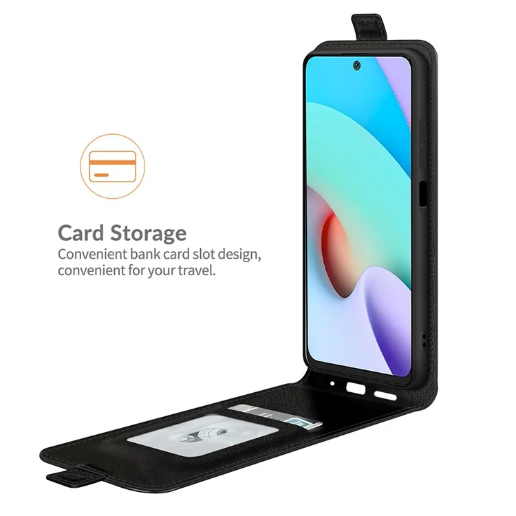 Case de Cuero de Caballo Loco Resistente a Rasguño Vertical Con Soporte Para Una Sola Tarjeta Para Xiaomi Redmi 10 - Negro