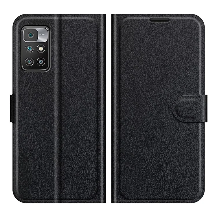 Shock-Proof Adjustable Stand Design Litchi Skin Folio Flip Leather Wallet Case Cover for Xiaomi Redmi Note 11 4G (MediaTek)/Redmi 10 4G (2021)/Redmi 10 2022 4G/Redmi 10 Prime - Black