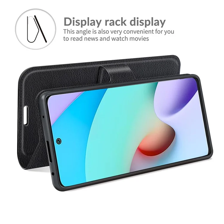 Shock-Proof Adjustable Stand Design Litchi Skin Folio Flip Leather Wallet Case Cover for Xiaomi Redmi Note 11 4G (MediaTek)/Redmi 10 4G (2021)/Redmi 10 2022 4G/Redmi 10 Prime - Black