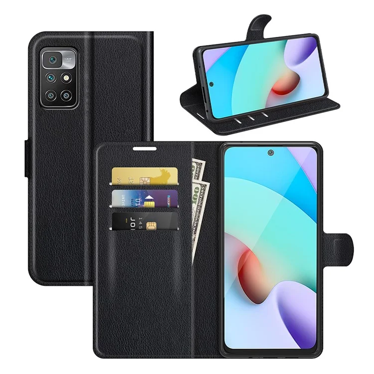 Shock-Proof Adjustable Stand Design Litchi Skin Folio Flip Leather Wallet Case Cover for Xiaomi Redmi Note 11 4G (MediaTek)/Redmi 10 4G (2021)/Redmi 10 2022 4G/Redmi 10 Prime - Black