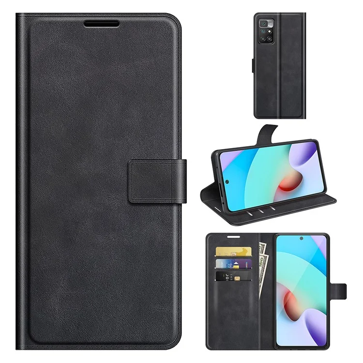 Capa de Carteira Tipo Folio com Fecho Magnético em Couro para Xiaomi Redmi Note 11 4G (MediaTek)/Redmi 10 4G (2021)/Redmi 10 2022 4G/Redmi 10 Prime - Preta