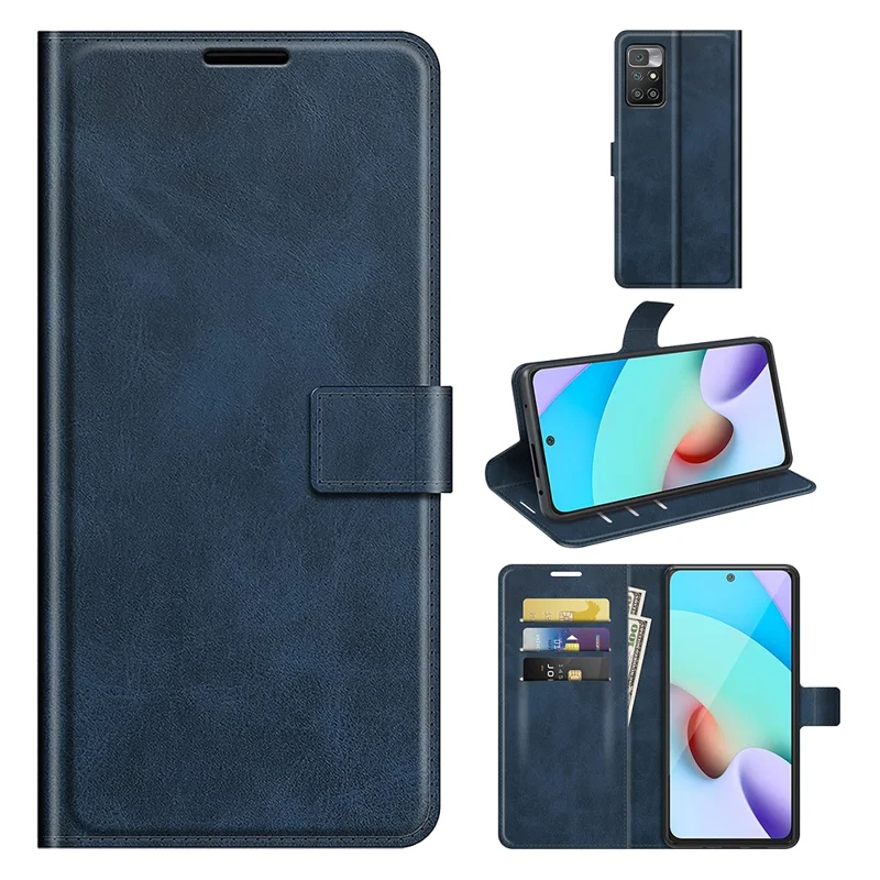 Folio Flip Magnetic Clasp Leather Phone Case Wallet Stand Cover for Xiaomi Redmi Note 11 4G (MediaTek)/Redmi 10 4G (2021)/Redmi 10 2022 4G/Redmi 10 Prime - Blue