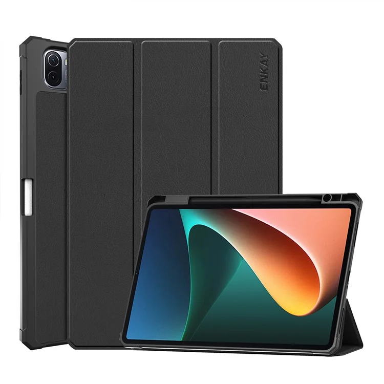 Enkay Hat Prince Élégant Anti-automobile Auto Wake / Sleep Tri-fold Stand pu Leather + TPU Tablet Boll Shell With Pen Slot Pour Xiaomi Pad 5/5 Pro - le Noir