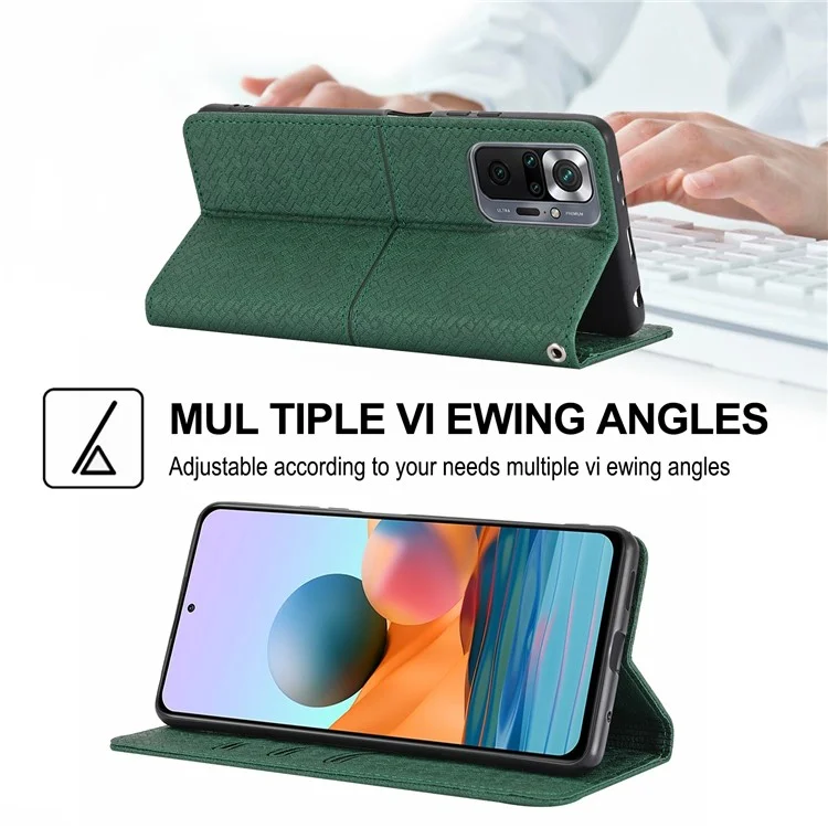 Automatisch Absorbiertes Gewebter Textur Brieftaschenstand Lederhülle Mit Handlichem Riemen Für Xiaomi Redmi Note 10 Pro 4g (global) / Redmi Note 10 Pro Max - Grün