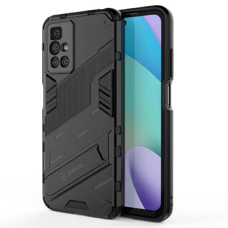 Para Xiaomi Redmi 10 4G (2021)/Redmi 10 2022 4G/Redmi Note 11 4G (MediaTek) Funda Posterior a Prueba de Golpes de PC Rígida + TPU Suave con Soporte - Negro