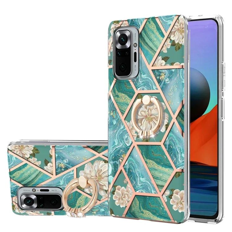 Анти-желтый IMD Light Slim Marble Pattern Anti-Drop Flexible Bumper TPU Чехол для телефона с кольцевой подставкой для Xiaomi Redmi Note 10 Pro 4G (Global)/Note 10 Pro Max - Синие цветы