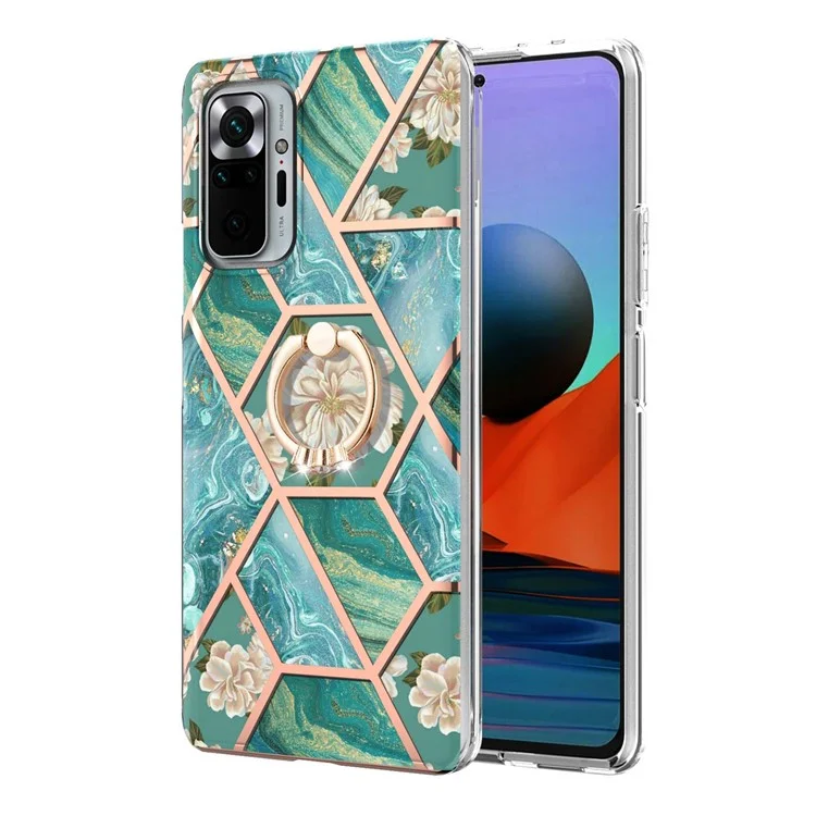 Анти-желтый IMD Light Slim Marble Pattern Anti-Drop Flexible Bumper TPU Чехол для телефона с кольцевой подставкой для Xiaomi Redmi Note 10 Pro 4G (Global)/Note 10 Pro Max - Синие цветы