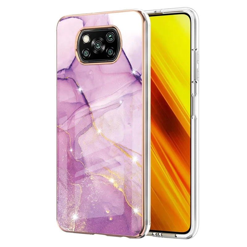 Custodia TPU con Pattern Marmorizzato IMD e Copertura Posteriore Placcata per Xiaomi Poco X3 NFC / Poco X3 / Poco X3 Pro - Viola 001