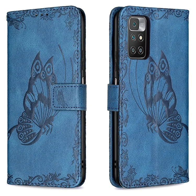 Pour Xiaomi Redmi 10 4G (2021) / Redmi 10 Prime / Redmi 10 2022 4G / Redmi Note 11 4G (MediaTek) Empreinte Butterfly Stand Portefeuille Coubelle de Protection Case de Protection en Cuir Flip - Bleu