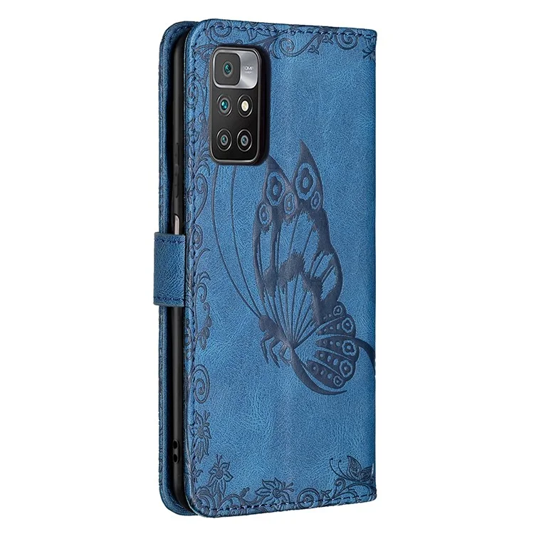 Pour Xiaomi Redmi 10 4G (2021) / Redmi 10 Prime / Redmi 10 2022 4G / Redmi Note 11 4G (MediaTek) Empreinte Butterfly Stand Portefeuille Coubelle de Protection Case de Protection en Cuir Flip - Bleu