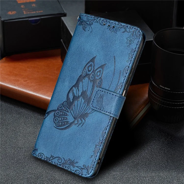 Pour Xiaomi Redmi 10 4G (2021) / Redmi 10 Prime / Redmi 10 2022 4G / Redmi Note 11 4G (MediaTek) Empreinte Butterfly Stand Portefeuille Coubelle de Protection Case de Protection en Cuir Flip - Bleu