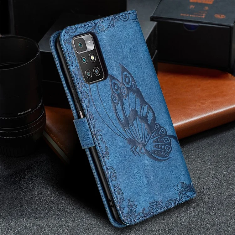 Pour Xiaomi Redmi 10 4G (2021) / Redmi 10 Prime / Redmi 10 2022 4G / Redmi Note 11 4G (MediaTek) Empreinte Butterfly Stand Portefeuille Coubelle de Protection Case de Protection en Cuir Flip - Bleu