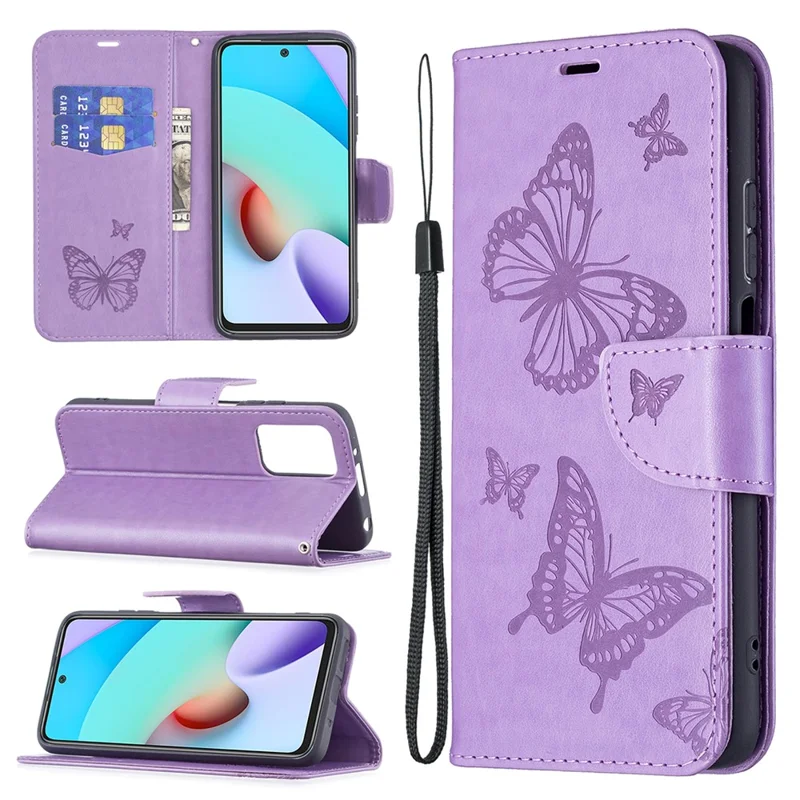 Voor Xiaomi Redmi 10 4G (2021)/Redmi 10 Prime/Redmi 10 2022 4G/Redmi Note 11 4G (MediaTek) Bedrukte Vlinders Volledige Bescherming Stand Wallet Design Leren Hoesje - Paars