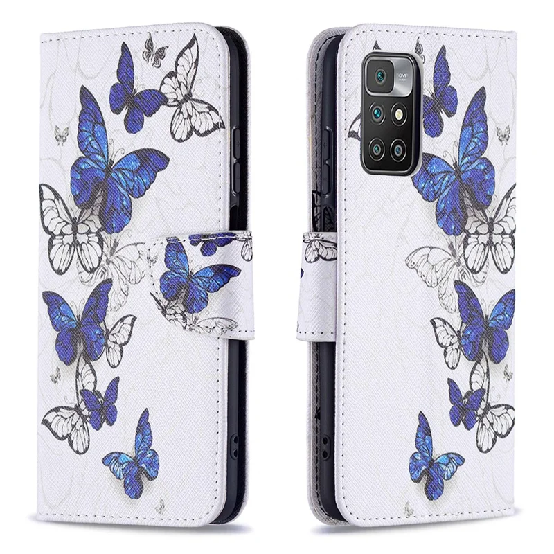 For Xiaomi Redmi 10 4G (2021)/Redmi 10 Prime/Redmi 10 2022 4G/Redmi Note 11 4G (MediaTek) Pattern Printing PU Leather Stand Wallet Cover Protective Phone Case - Blue/White Butterflies