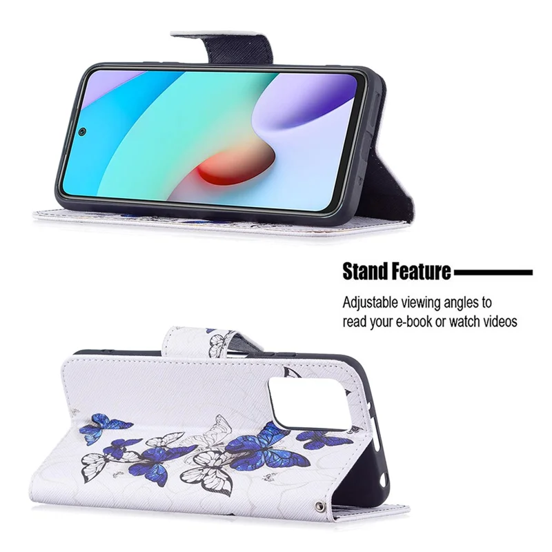 For Xiaomi Redmi 10 4G (2021)/Redmi 10 Prime/Redmi 10 2022 4G/Redmi Note 11 4G (MediaTek) Pattern Printing PU Leather Stand Wallet Cover Protective Phone Case - Blue/White Butterflies