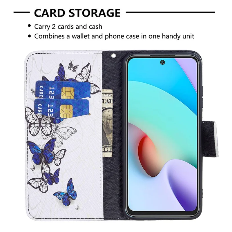 For Xiaomi Redmi 10 4G (2021)/Redmi 10 Prime/Redmi 10 2022 4G/Redmi Note 11 4G (MediaTek) Pattern Printing PU Leather Stand Wallet Cover Protective Phone Case - Blue/White Butterflies