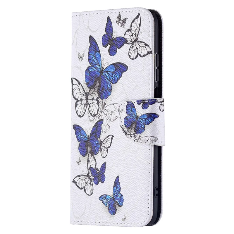 For Xiaomi Redmi 10 4G (2021)/Redmi 10 Prime/Redmi 10 2022 4G/Redmi Note 11 4G (MediaTek) Pattern Printing PU Leather Stand Wallet Cover Protective Phone Case - Blue/White Butterflies