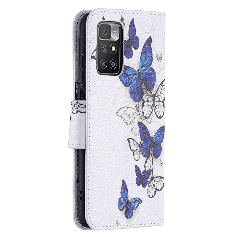 For Xiaomi Redmi 10 4G (2021)/Redmi 10 Prime/Redmi 10 2022 4G/Redmi Note 11 4G (MediaTek) Pattern Printing PU Leather Stand Wallet Cover Protective Phone Case - Blue/White Butterflies