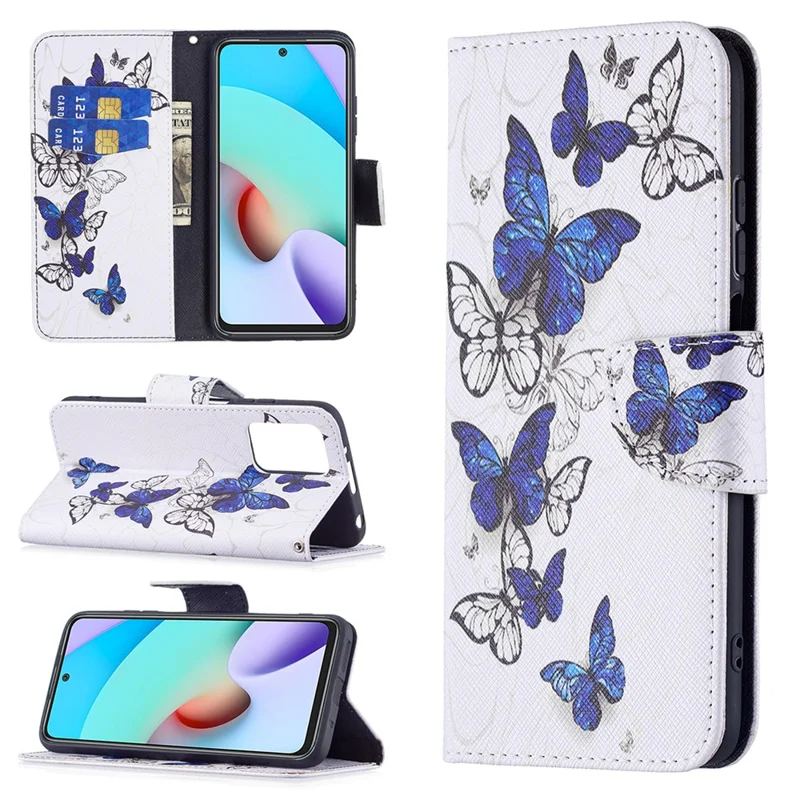 For Xiaomi Redmi 10 4G (2021)/Redmi 10 Prime/Redmi 10 2022 4G/Redmi Note 11 4G (MediaTek) Pattern Printing PU Leather Stand Wallet Cover Protective Phone Case - Blue/White Butterflies