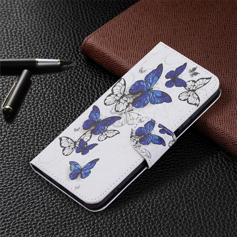 For Xiaomi Redmi 10 4G (2021)/Redmi 10 Prime/Redmi 10 2022 4G/Redmi Note 11 4G (MediaTek) Pattern Printing PU Leather Stand Wallet Cover Protective Phone Case - Blue/White Butterflies