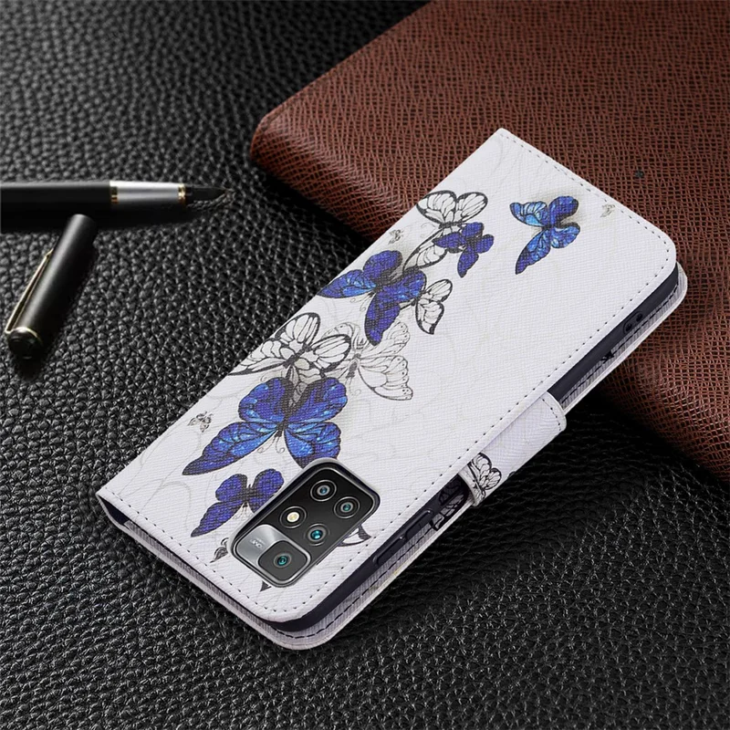 For Xiaomi Redmi 10 4G (2021)/Redmi 10 Prime/Redmi 10 2022 4G/Redmi Note 11 4G (MediaTek) Pattern Printing PU Leather Stand Wallet Cover Protective Phone Case - Blue/White Butterflies