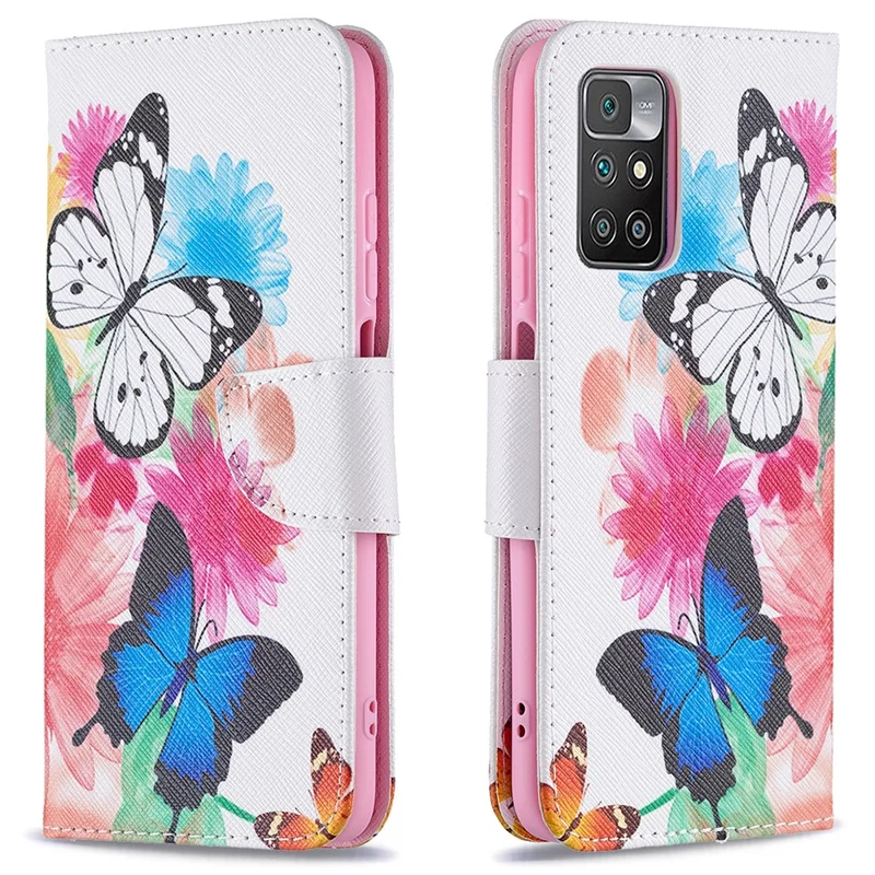 For Xiaomi Redmi 10 4G (2021)/Redmi 10 Prime/Redmi 10 2022 4G/Redmi Note 11 4G (MediaTek) Stand Feature Flip Soft PU Leather Wallet Flower Pattern Protective Case Anti Shock and Scratches Cover - Two Butterflies