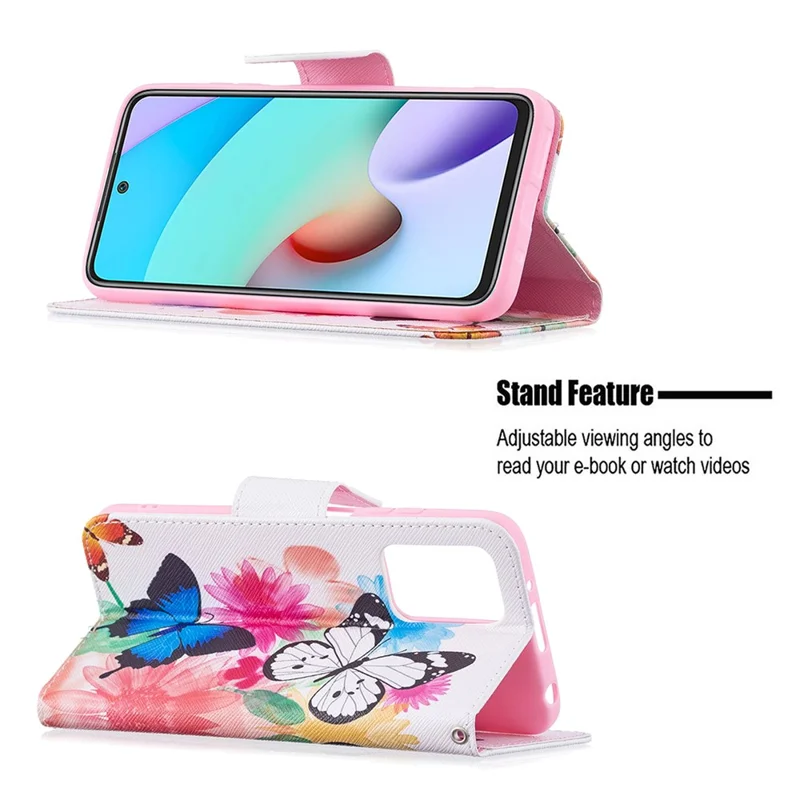 For Xiaomi Redmi 10 4G (2021)/Redmi 10 Prime/Redmi 10 2022 4G/Redmi Note 11 4G (MediaTek) Stand Feature Flip Soft PU Leather Wallet Flower Pattern Protective Case Anti Shock and Scratches Cover - Two Butterflies