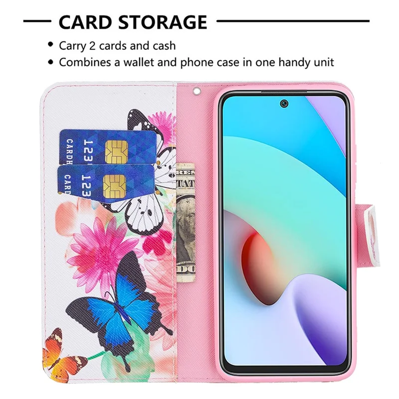 For Xiaomi Redmi 10 4G (2021)/Redmi 10 Prime/Redmi 10 2022 4G/Redmi Note 11 4G (MediaTek) Stand Feature Flip Soft PU Leather Wallet Flower Pattern Protective Case Anti Shock and Scratches Cover - Two Butterflies