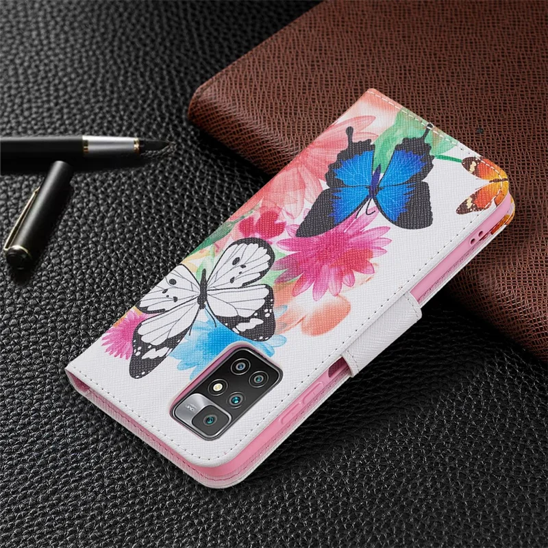 For Xiaomi Redmi 10 4G (2021)/Redmi 10 Prime/Redmi 10 2022 4G/Redmi Note 11 4G (MediaTek) Stand Feature Flip Soft PU Leather Wallet Flower Pattern Protective Case Anti Shock and Scratches Cover - Two Butterflies