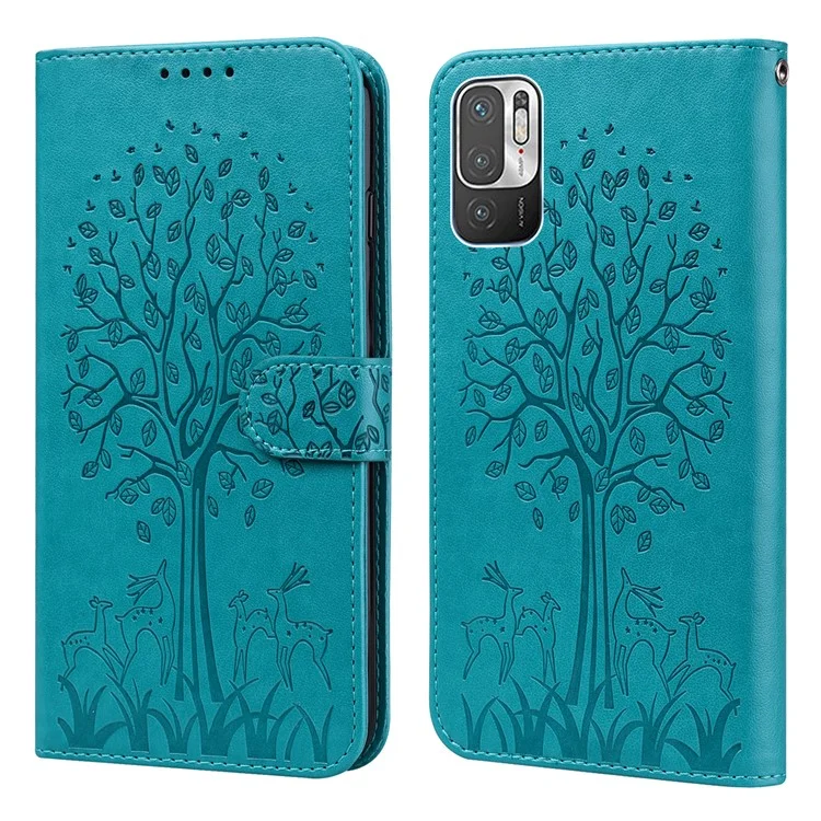 Tree and Deer Imprinted Leather Wallet Stand Phone Shell Case for Xiaomi Redmi Note 10 5G / Poco M3 Pro 5G / Poco M3 Pro 4G / Redmi Note 10T 5G - Blue