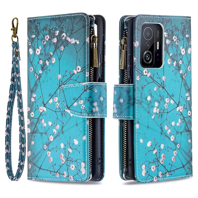 BF03 Zippered Wallet Design Drop-Resistant Pattern Printing Leather Stand Phone Cover with Wrist Strap for Xiaomi 11T / 11T Pro - Wintersweet