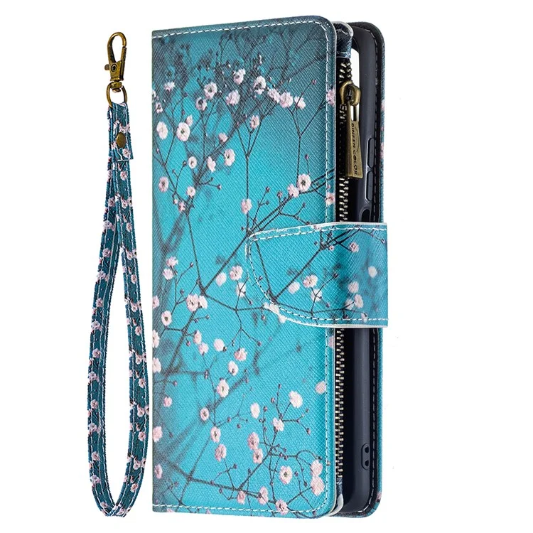 BF03 Zippered Wallet Design Drop-Resistant Pattern Printing Leather Stand Phone Cover with Wrist Strap for Xiaomi 11T / 11T Pro - Wintersweet