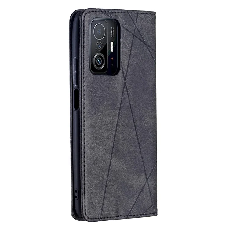 Rhombus-Like Imprinting Leather Stand Protective Phone Case Shell with Card Slots for Xiaomi 11T / 11T Pro - Black