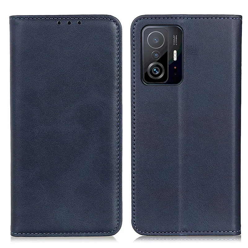 Split Leather Auto-absorbed Anti-drop Shockproof Wallet Stand Phone Cover for Xiaomi 11T/11T Pro - Blue
