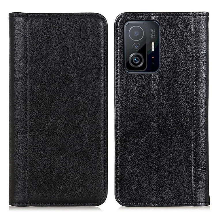 Litchi Texture Auto-absorbed Anti-drop Well-protected Split Leather Phone Cover Case with Wallet Stand for Xiaomi 11T/11T Pro - Black